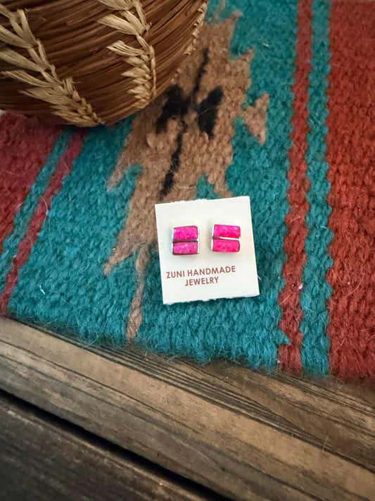 Handcrafted Sterling Silver & Pink Opal Inlay Stud Earrings