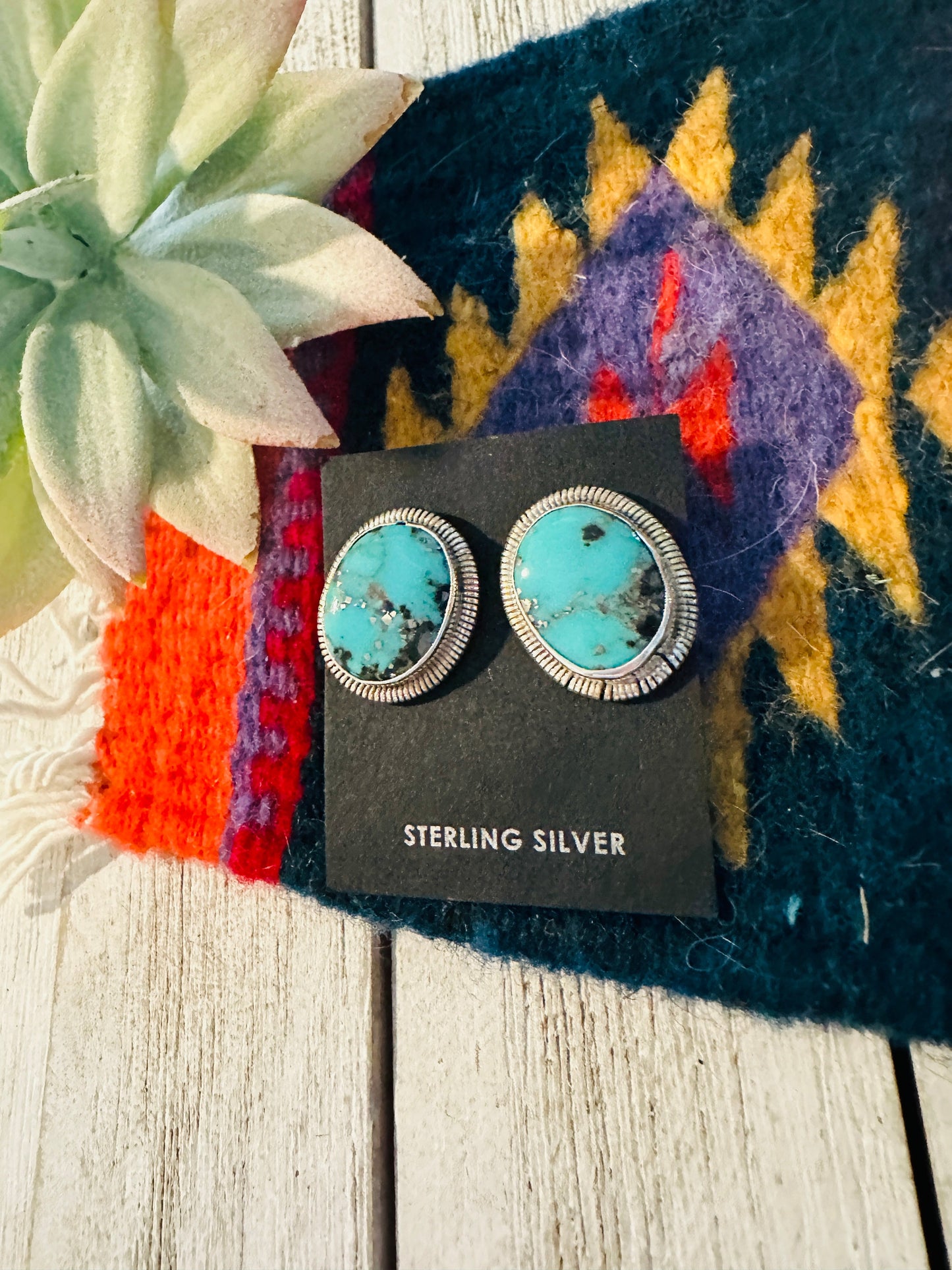 Navajo Morenci Turquoise and Sterling Silver Post Earrings by Wydell Billie