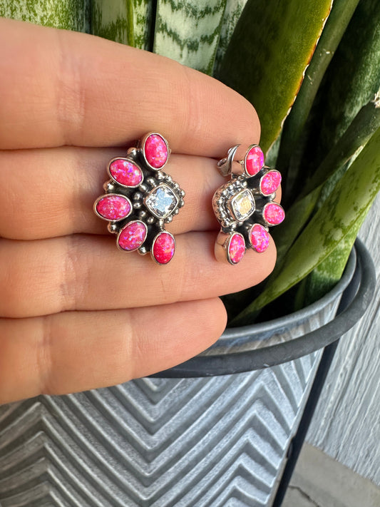 Handmade Hot Pink Fire Opal, CZ & Sterling Silver Cluster Crescent Post Earrings