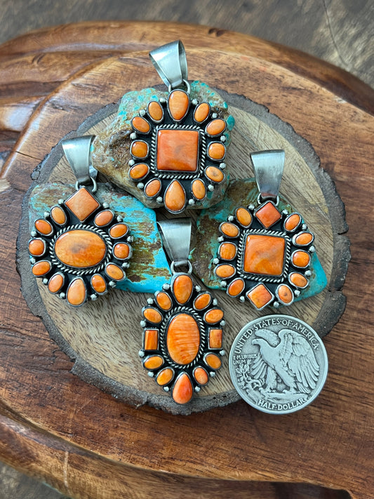 Handcrafted Sterling Silver and Burnt Spiny Oyster Shell Cluster Pendants by Loretta Delgarito