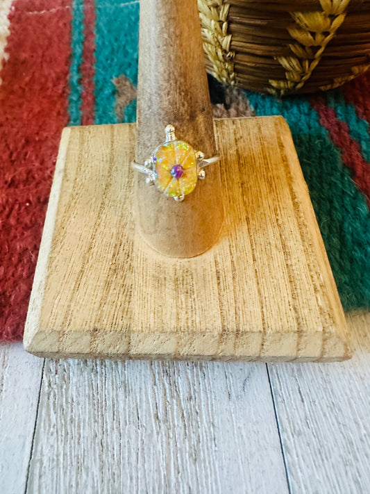 Handcrafted Sterling Silver & Yellow and Pink Opal Turtle Ring Size 8.75