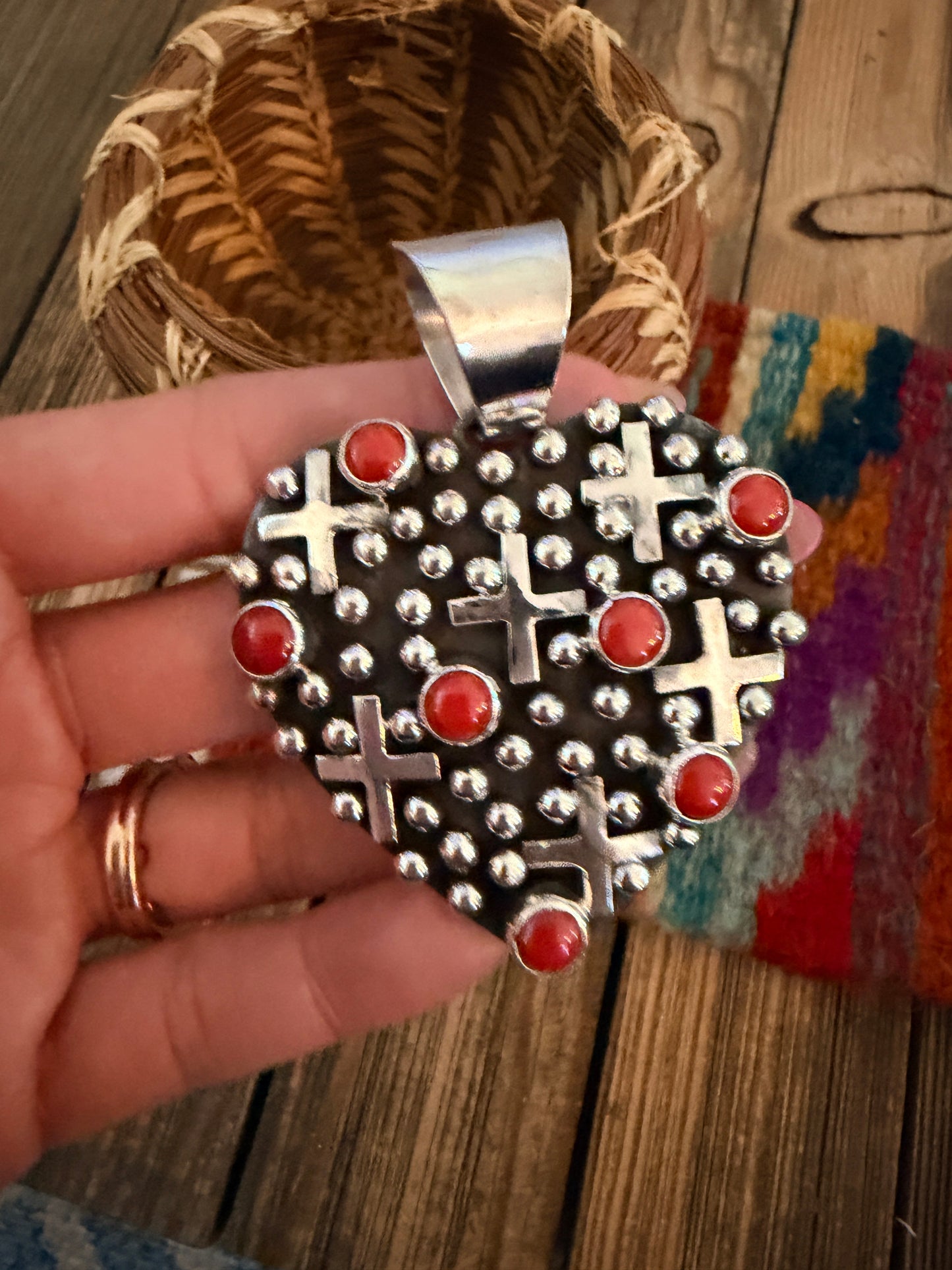Handcrafted Coral & Sterling Silver Heart Cross Pendant by Geneva Apachito