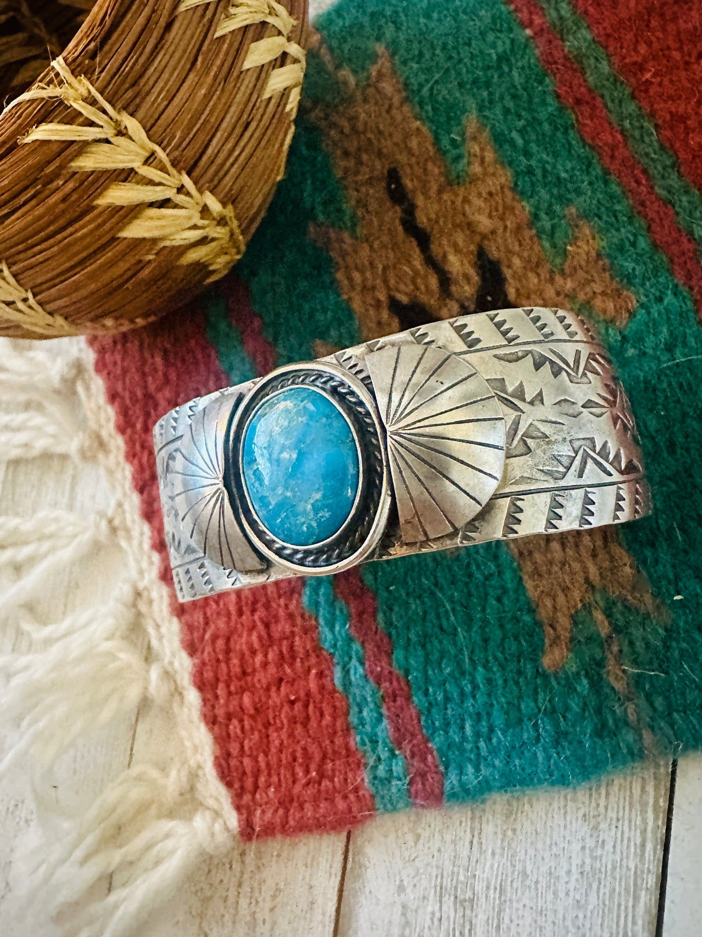 Handcrafted Hand Stamped Sterling Silver & Turquoise Cuff Bracelet