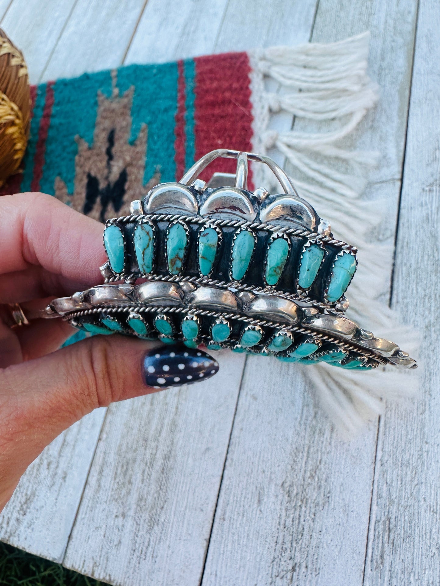 Handcrafted Old Pawn Sterling Silver & Kingman Turquoise Cluster Cuff Bracelet