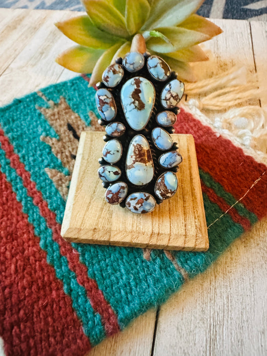 Handcrafted Golden Hills Turquoise & Sterling Silver Cluster Ring Size 8