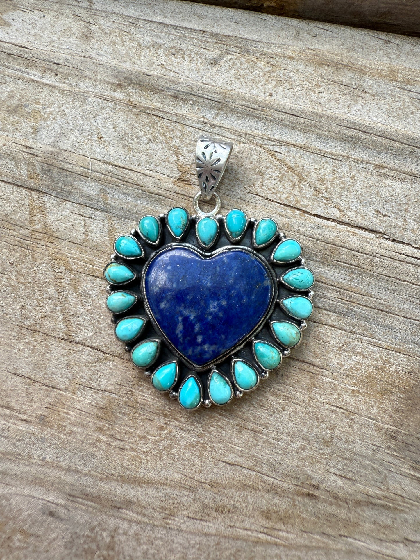 Handmade Stering Silver, Lapis & Kingman Turquoise Heart Pendant