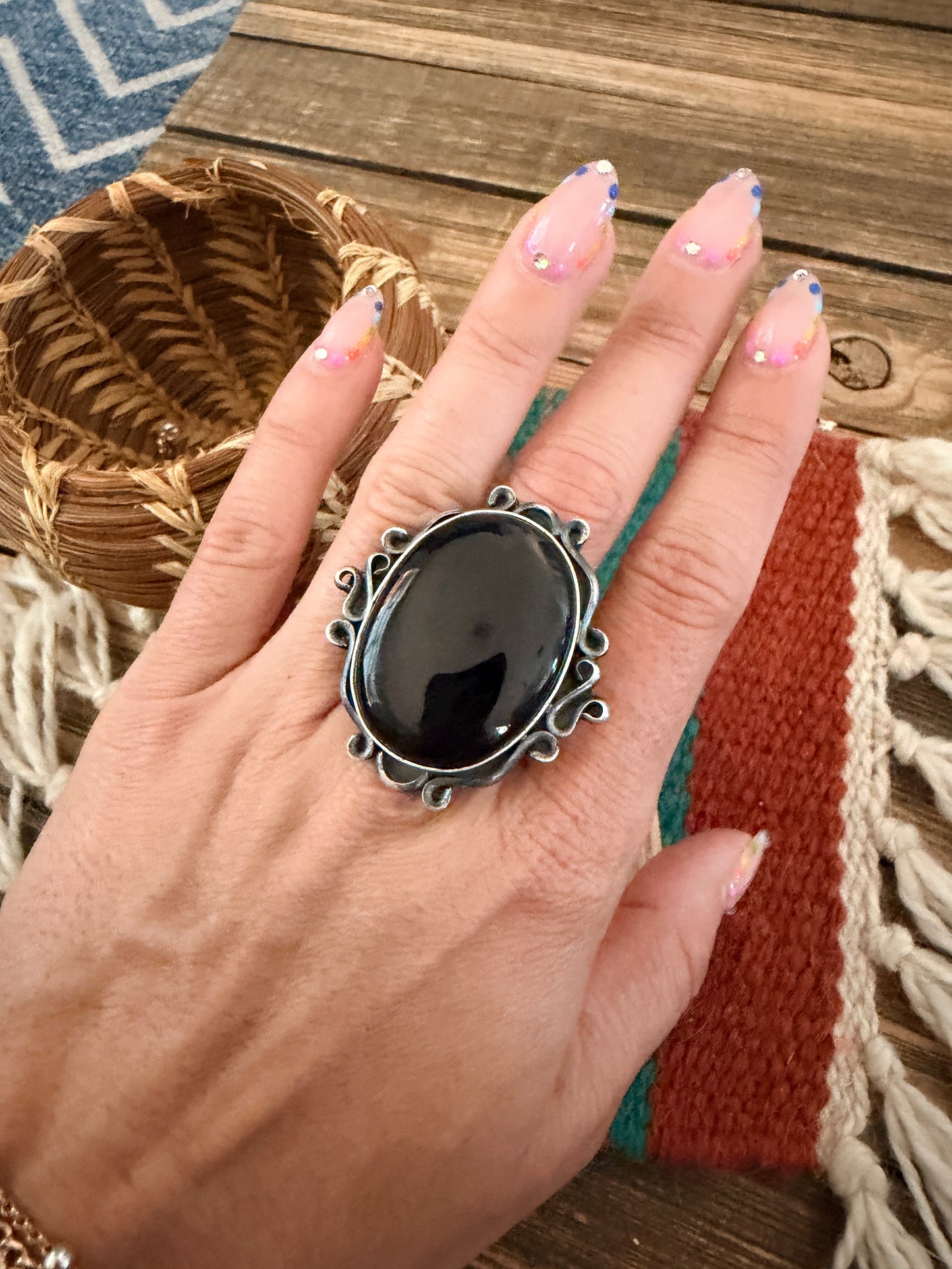 Handcrafted Black Onyx & Sterling Silver Ring Size 9