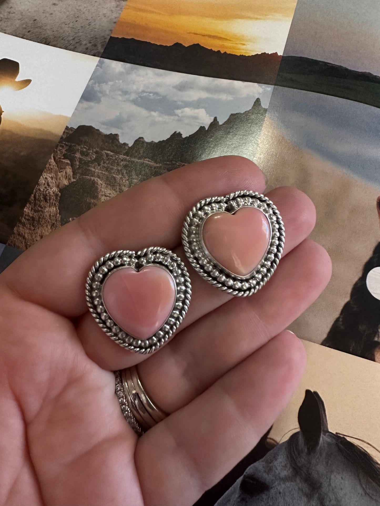 Navajo Sterling Silver Pink Conch Heart Stud Earrings