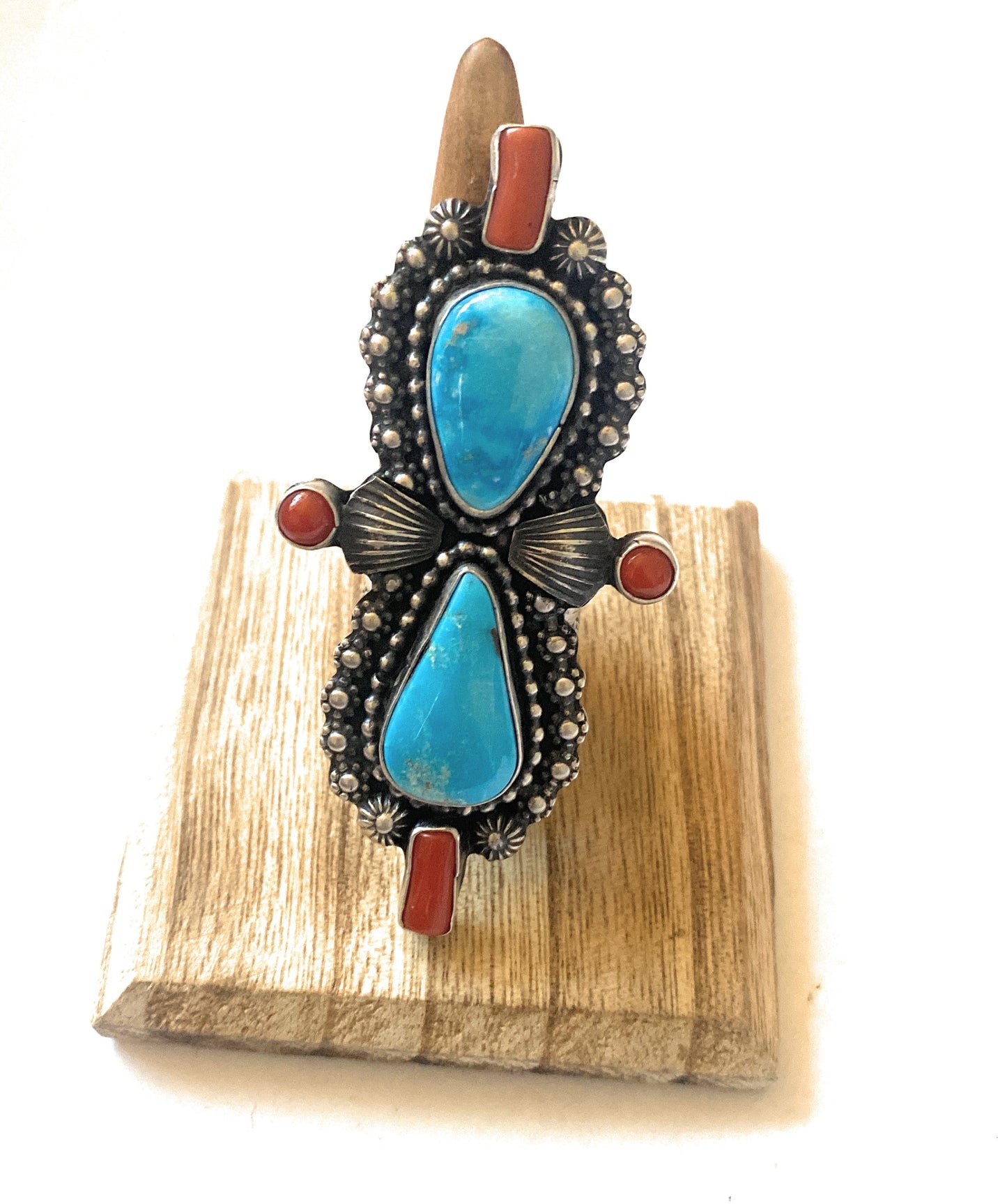 Navajo Sterling Kingman Turquoise & Red Coral Ring Size 9 By Shawn Cayatineto