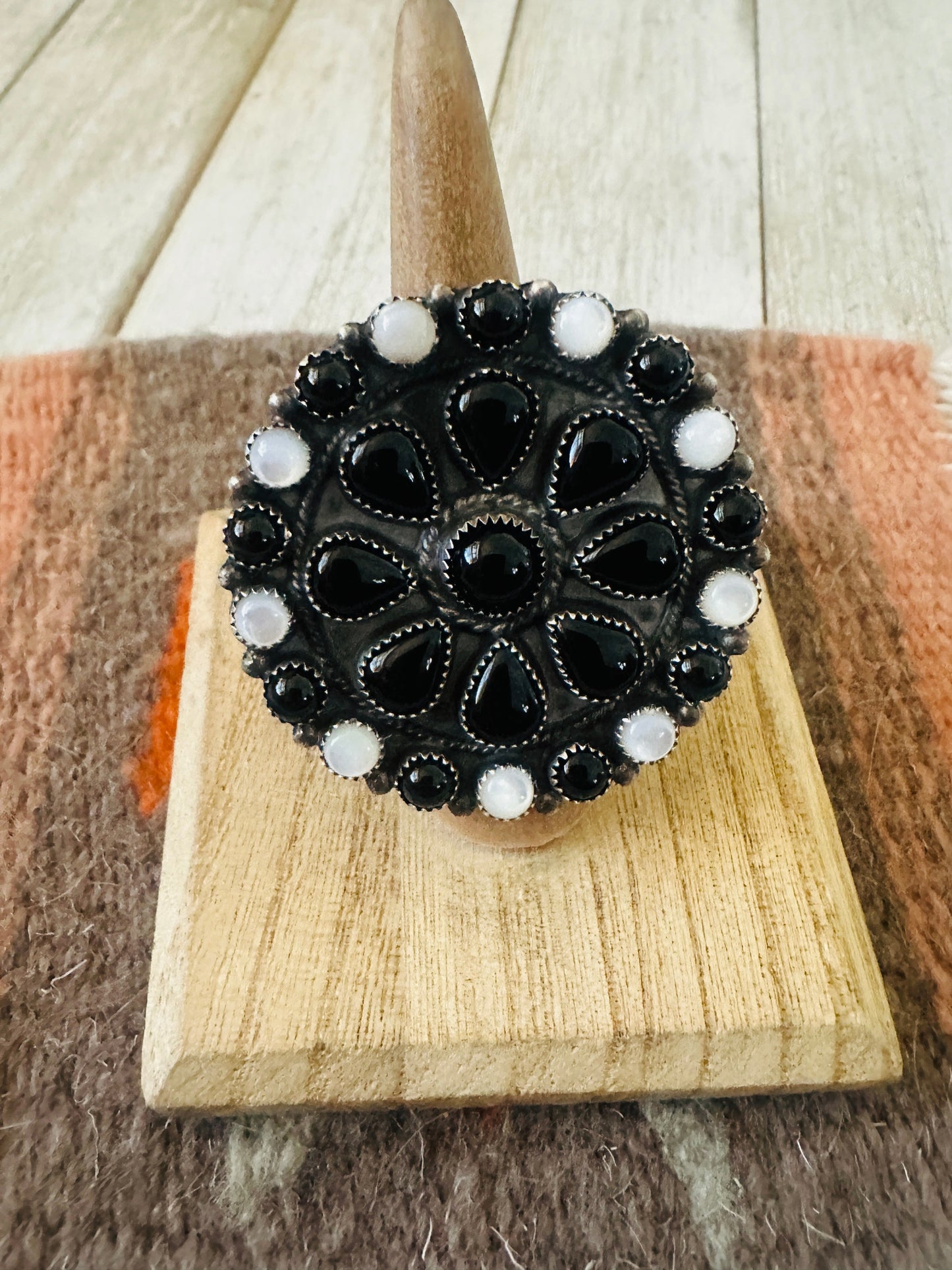 Handcrafted Sterling Silver, Onyx & Mother of Pearl Cluster Adjustable Ring