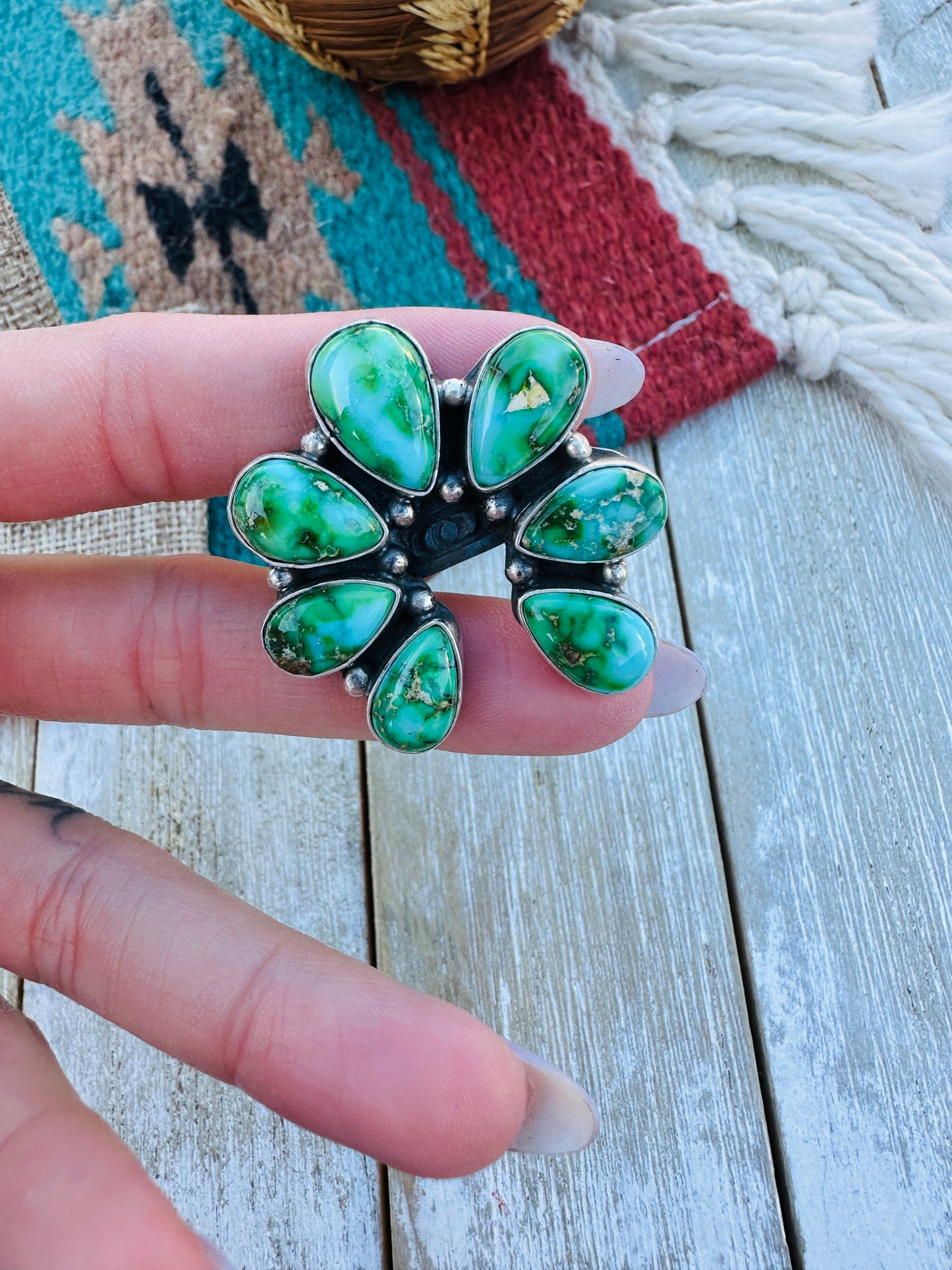 Sonoran Mountain Turquoise & Sterling Silver Adjustable Naja Ring by Russell Sam