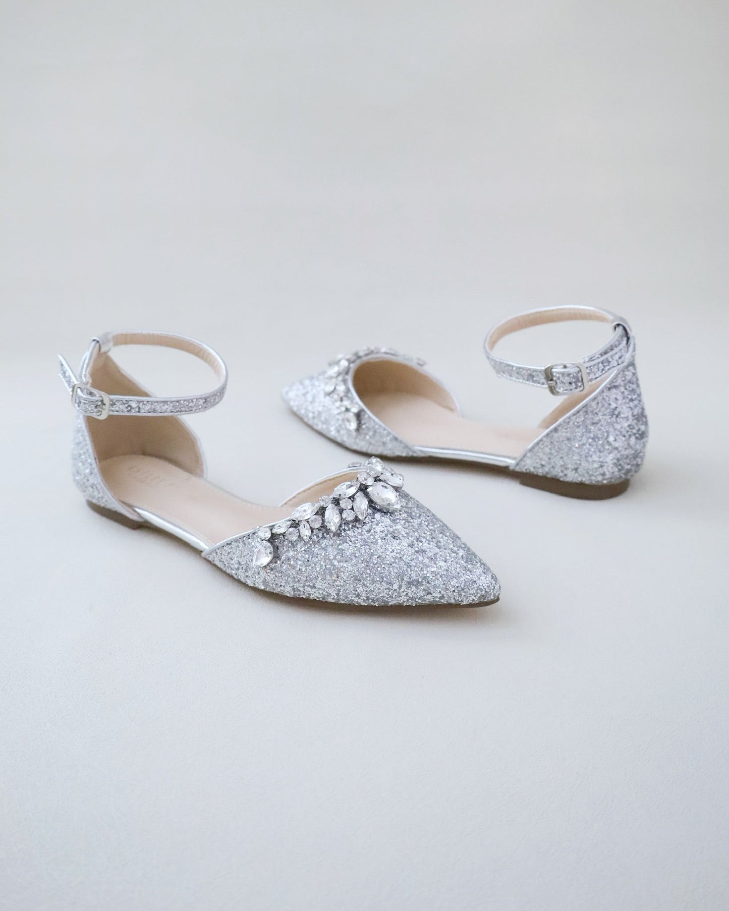 Pointy Toe Glitter Ankle Strap Flats with Teardrop Rhinestones