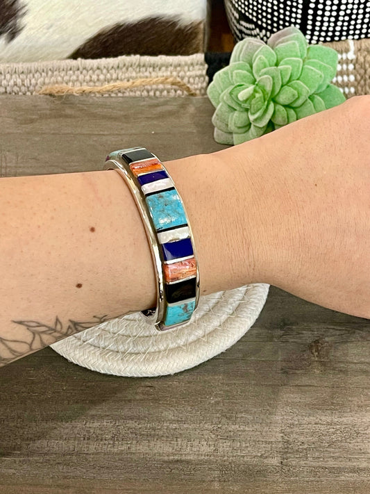Handmade Sterling Silver Multi Stone Inlay Cuff