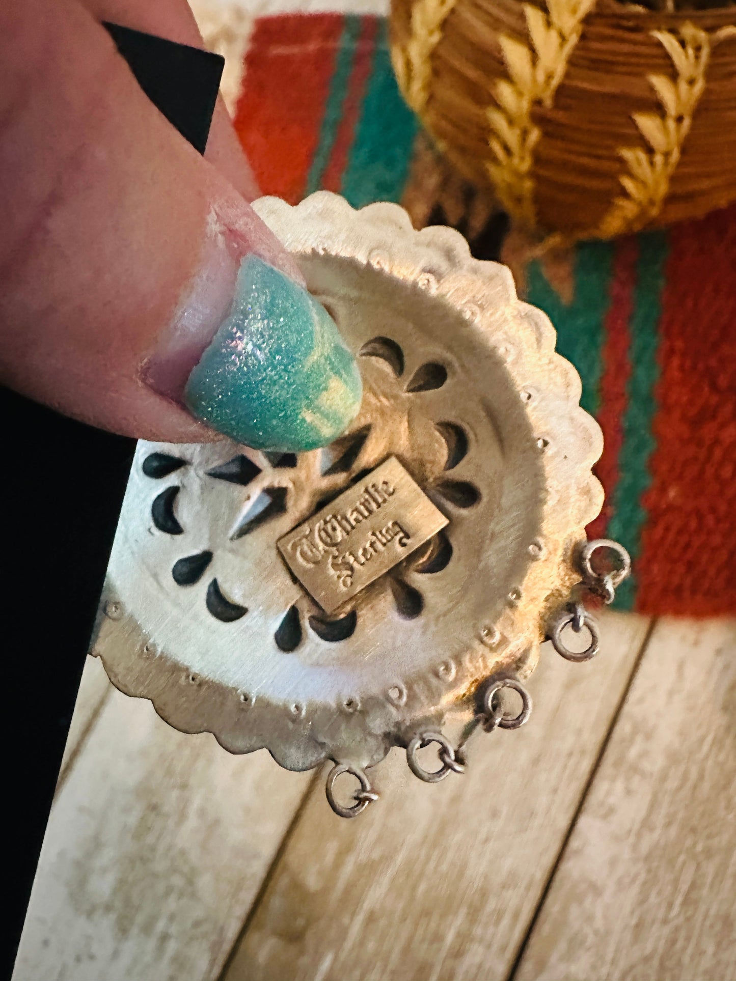 Handcrafted Turquoise & Sterling Silver Concho Dangle Earrings by Eugene Charley