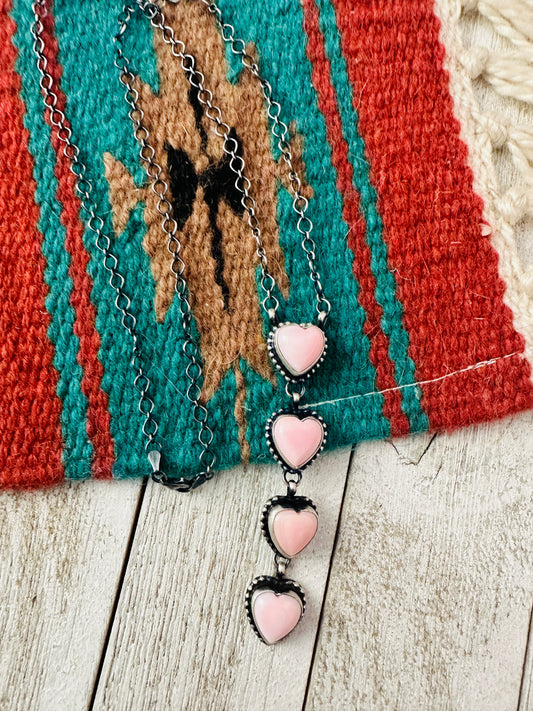 Handcrafted Queen Pink Conch & Sterling Silver Pearl Lariat Heart Necklace