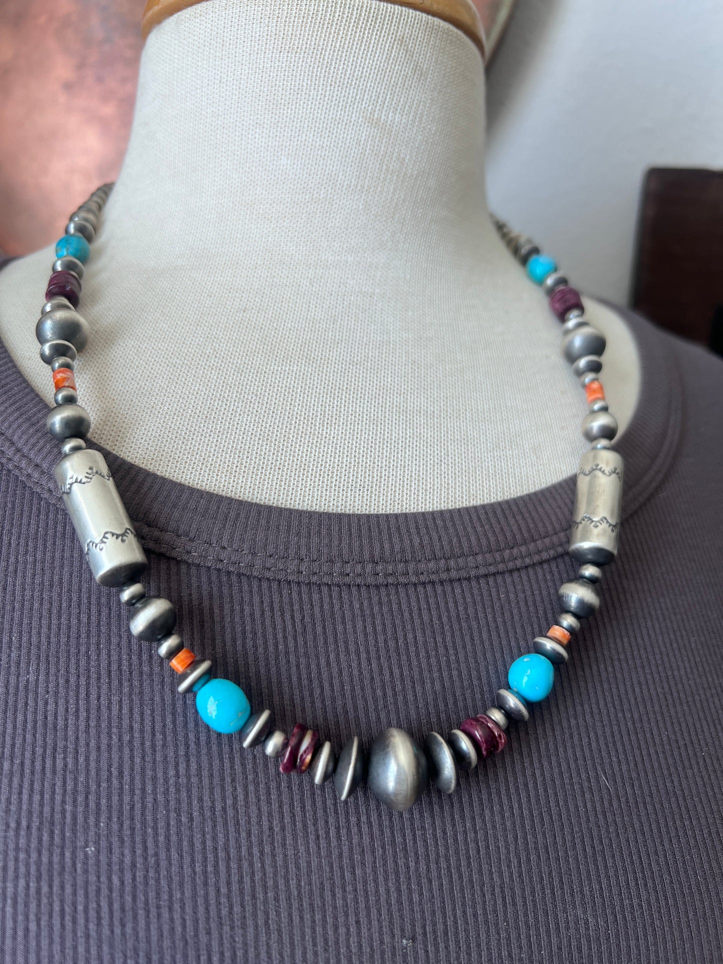 Rose Martin Electric Rainbow Sterling Silver, Turquoise and Spiny Oyster Single Strand Beaded Necklace, 24 + 1-1/2 inches