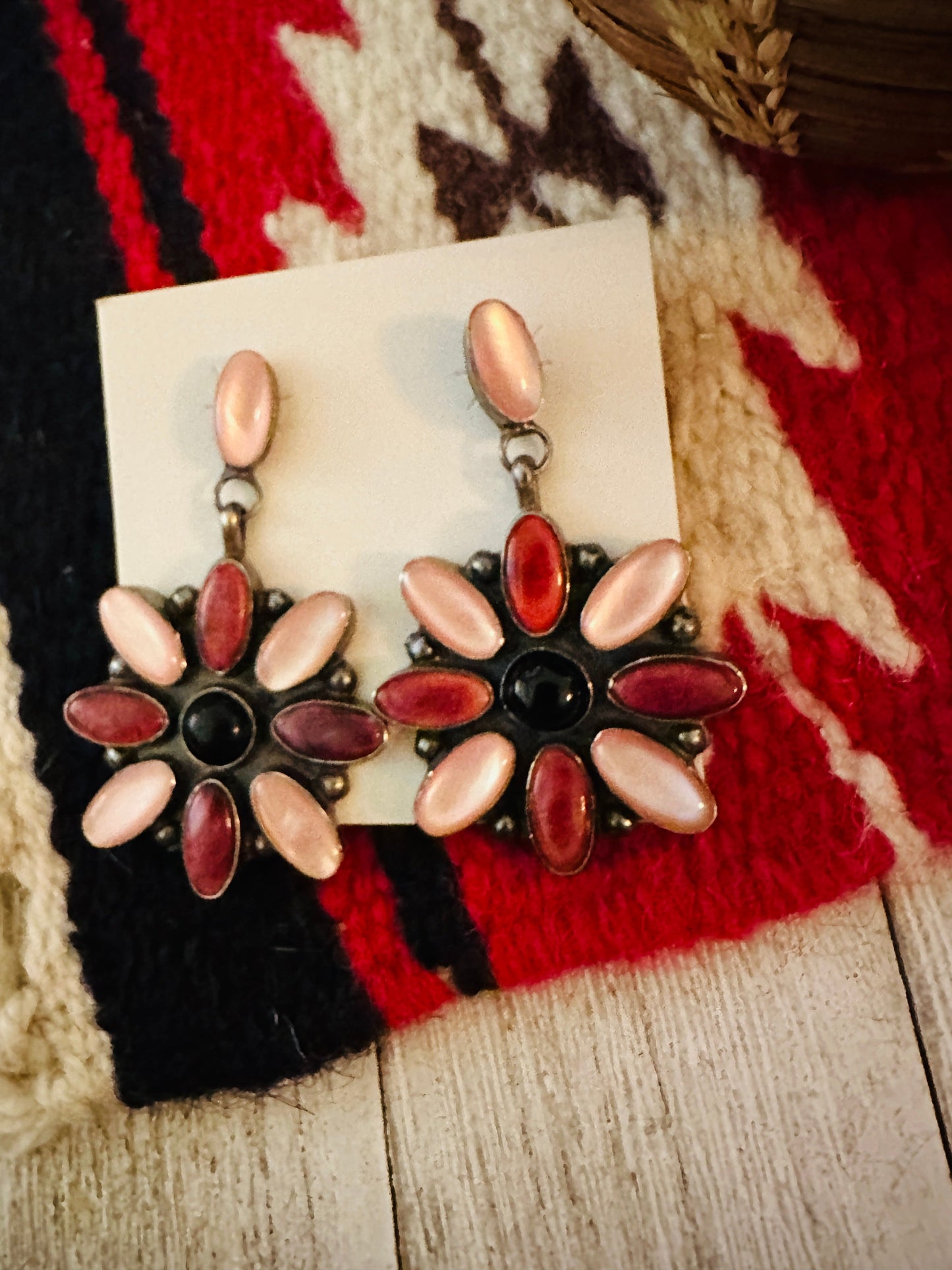 Handcrafted Mother of Pearl, Spiny, Onyx & Sterling Silver Dangle Earrings