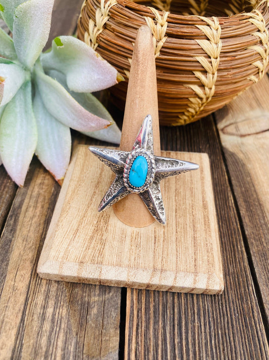 Handcrafted Turquoise & Sterling Silver Star Ring Size 7.5 Signed