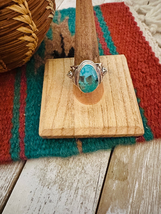 Handcrafted Sterling Silver & Turquoise Teardrop Cigar Band Ring Size 9