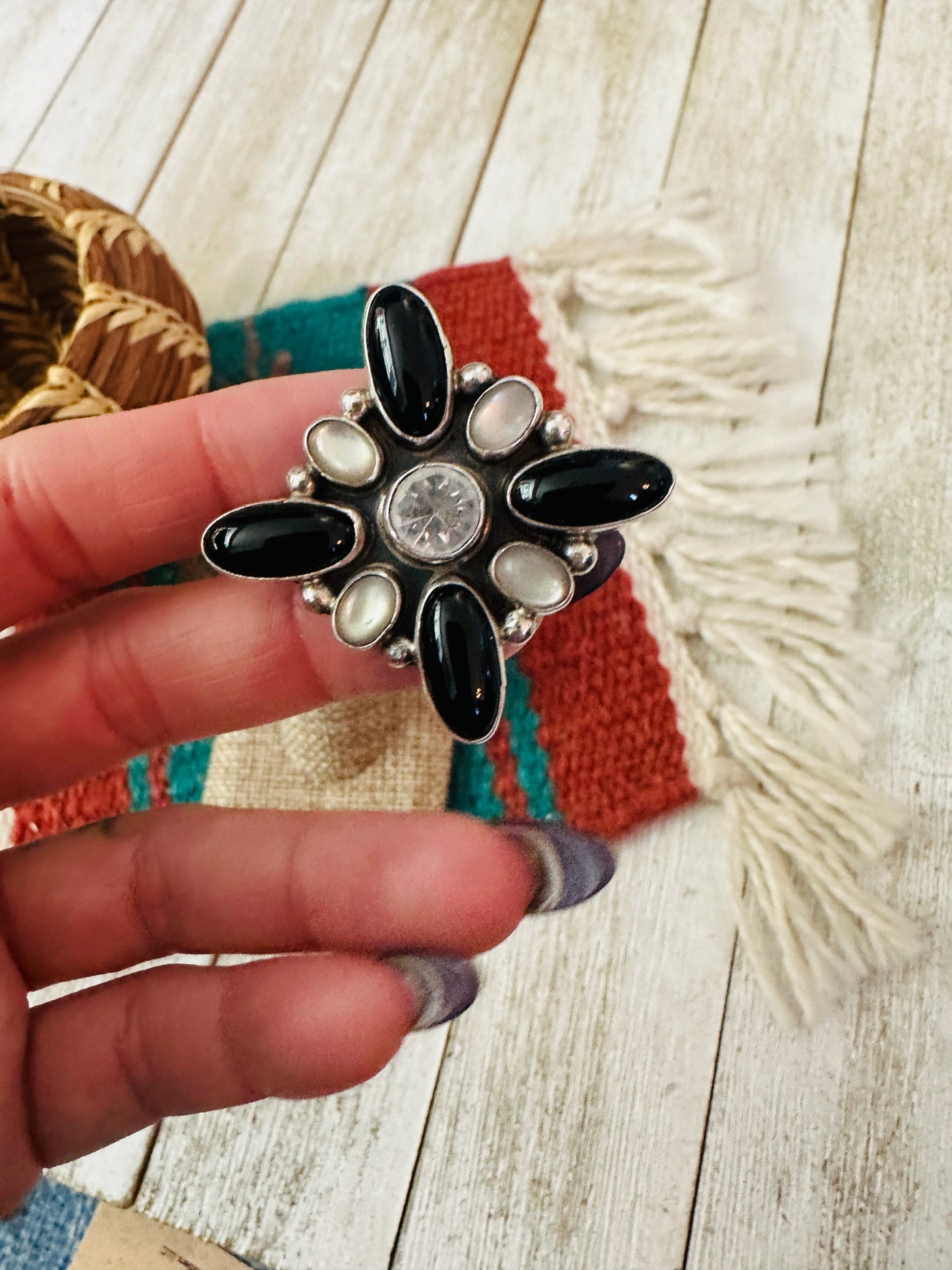 Handcrafted Mother of Pearl, Onyx & Sterling Silver Adjustable Ring by Jacqueline Silver