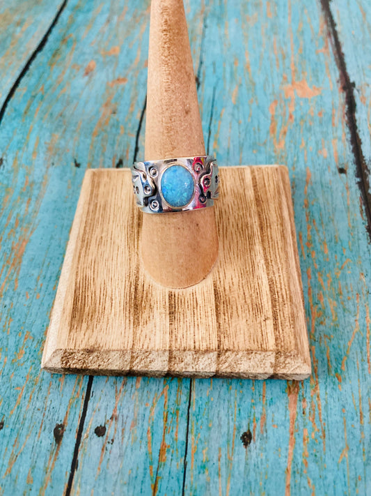 Handcrafted Thunderbird Sterling Silver & Blue Opal Ring Size 8
