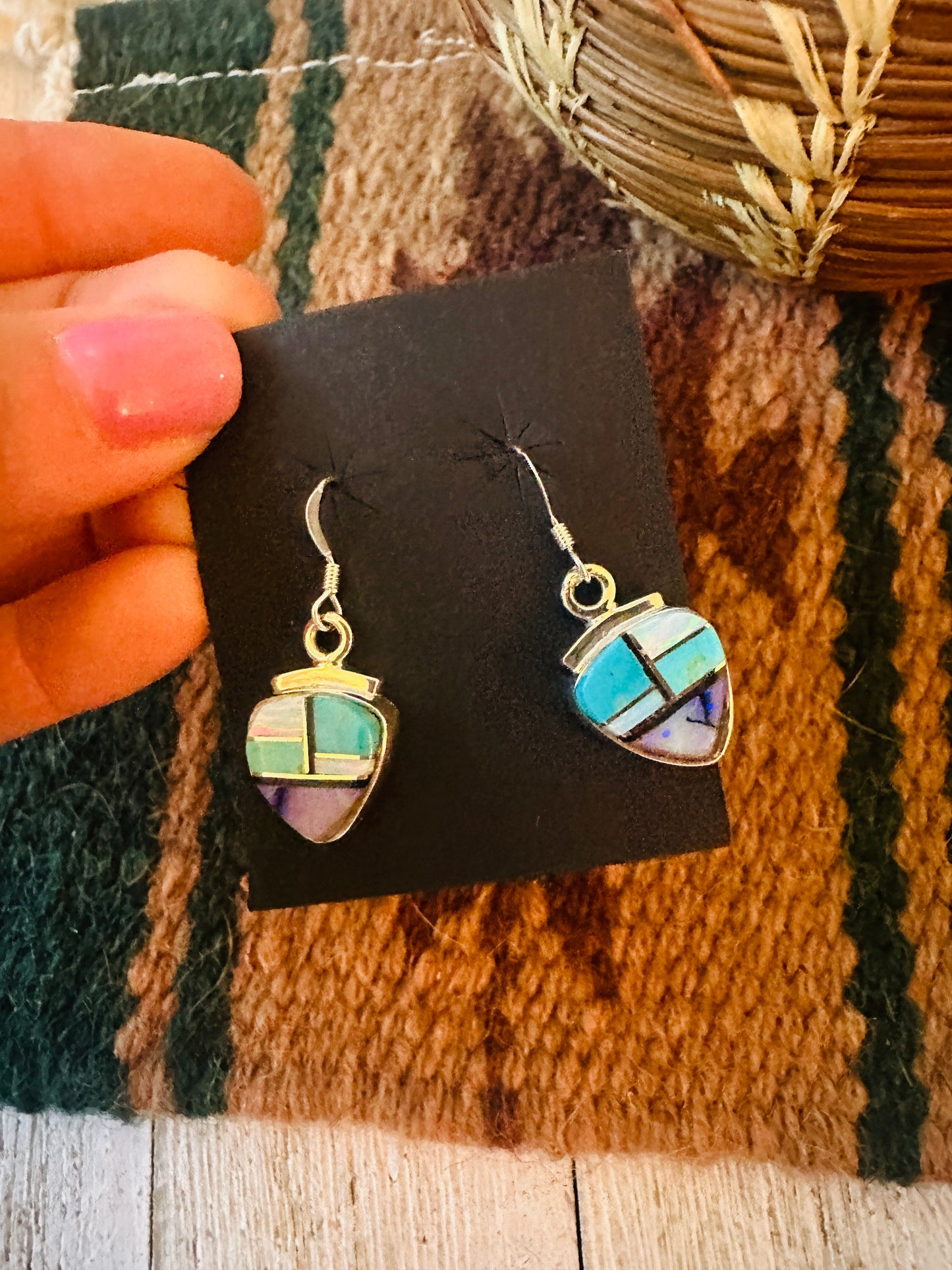 Handcrafted Sterling Silver & Multi Stone Inlay Dangle Earrings