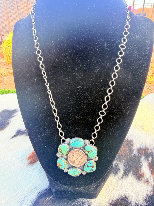 Handcrafted Number 8 Turquoise & Sterling Silver Liberty Dime Necklace by Sheila Tso