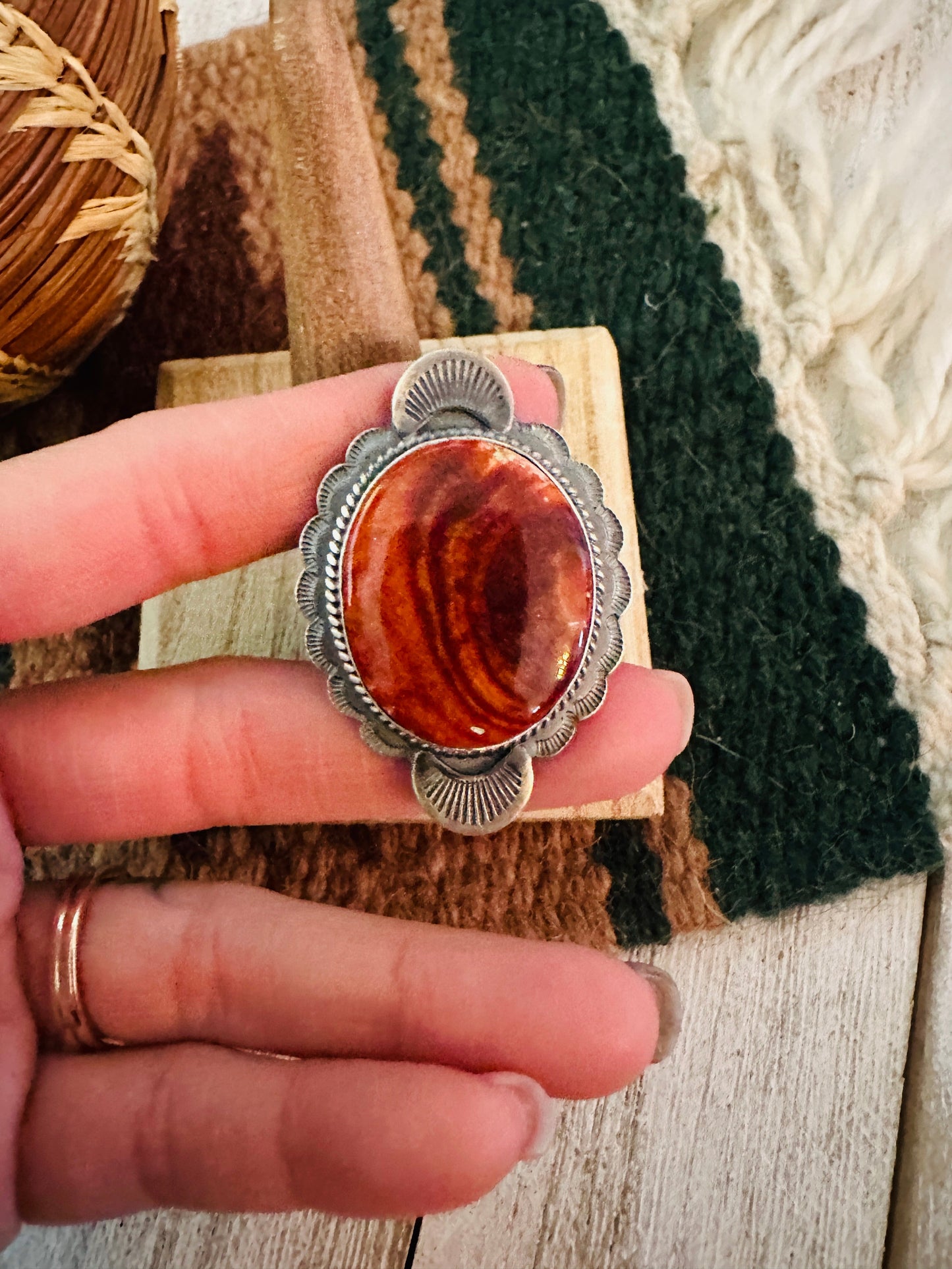 Handcrafted Orange Spiny & Sterling Silver Ring Size 8.5