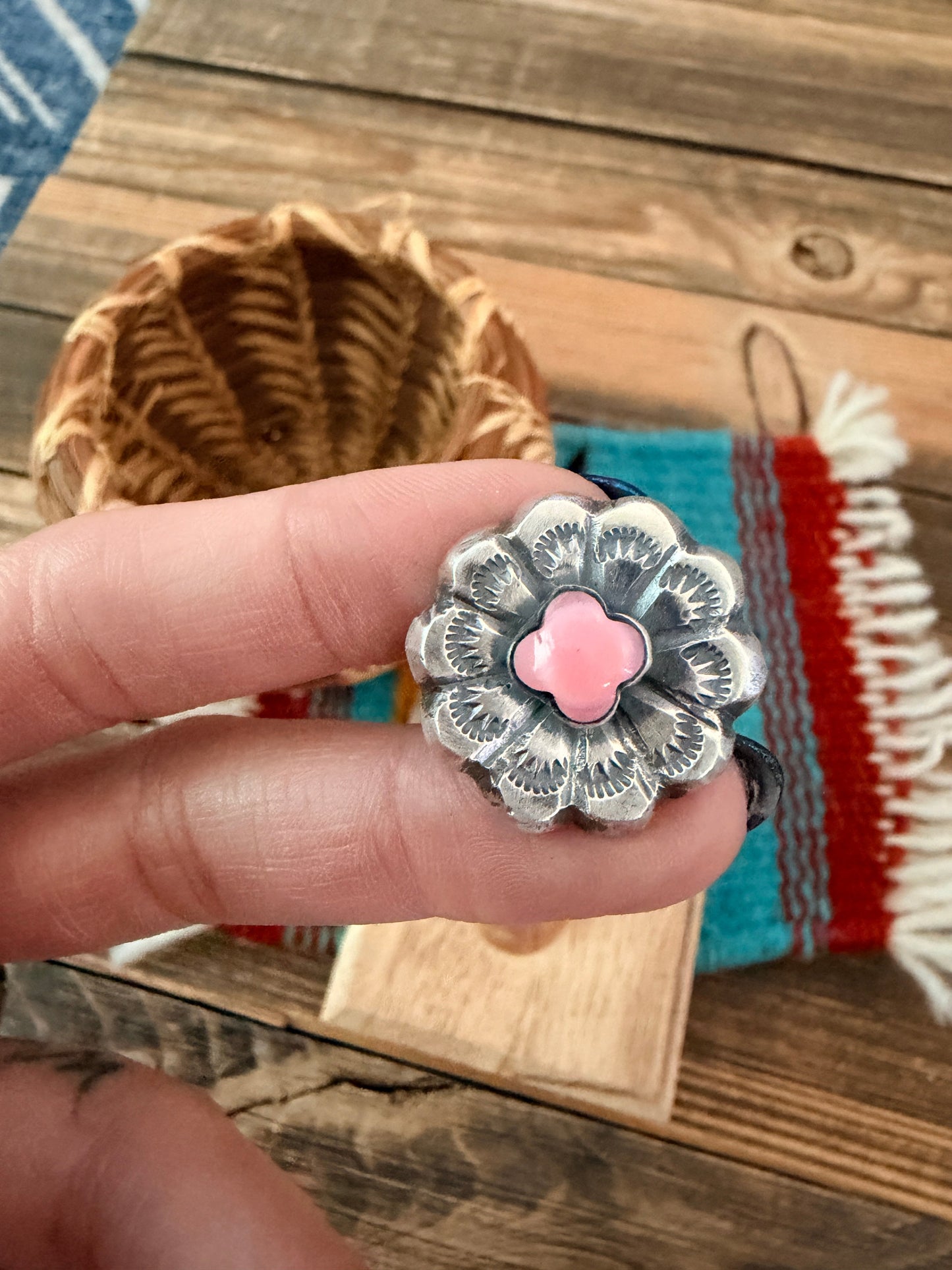 Handcrafted Queen Pink Conch and Sterling Silver Flower Ring size 7.5 by Chimney Butte