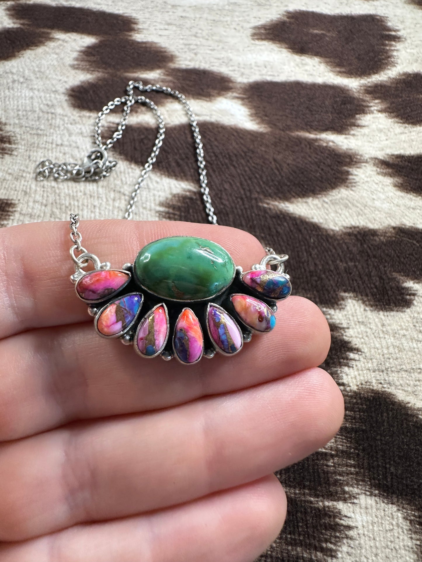 Handmade Pink Dream Mojave, Turquoise & Sterling Silver Crescent Necklace