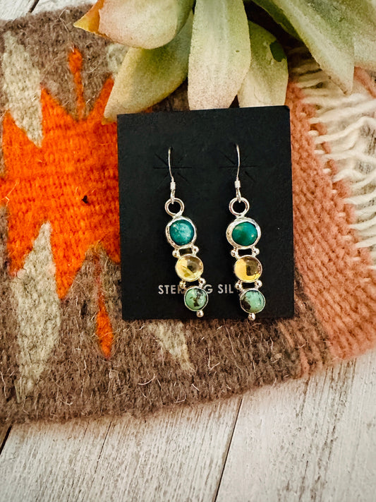 Handcrafted Turquoise, Quartz & Sterling Silver Dangle Earrings
