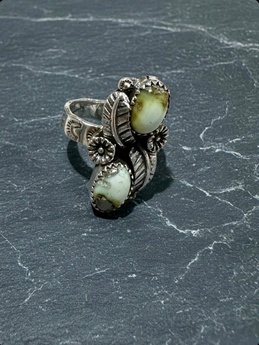 Beautiful Handmade Palomino Turquoise And Sterling Silver Adjustable 2 Stone Flower Leaf Ring