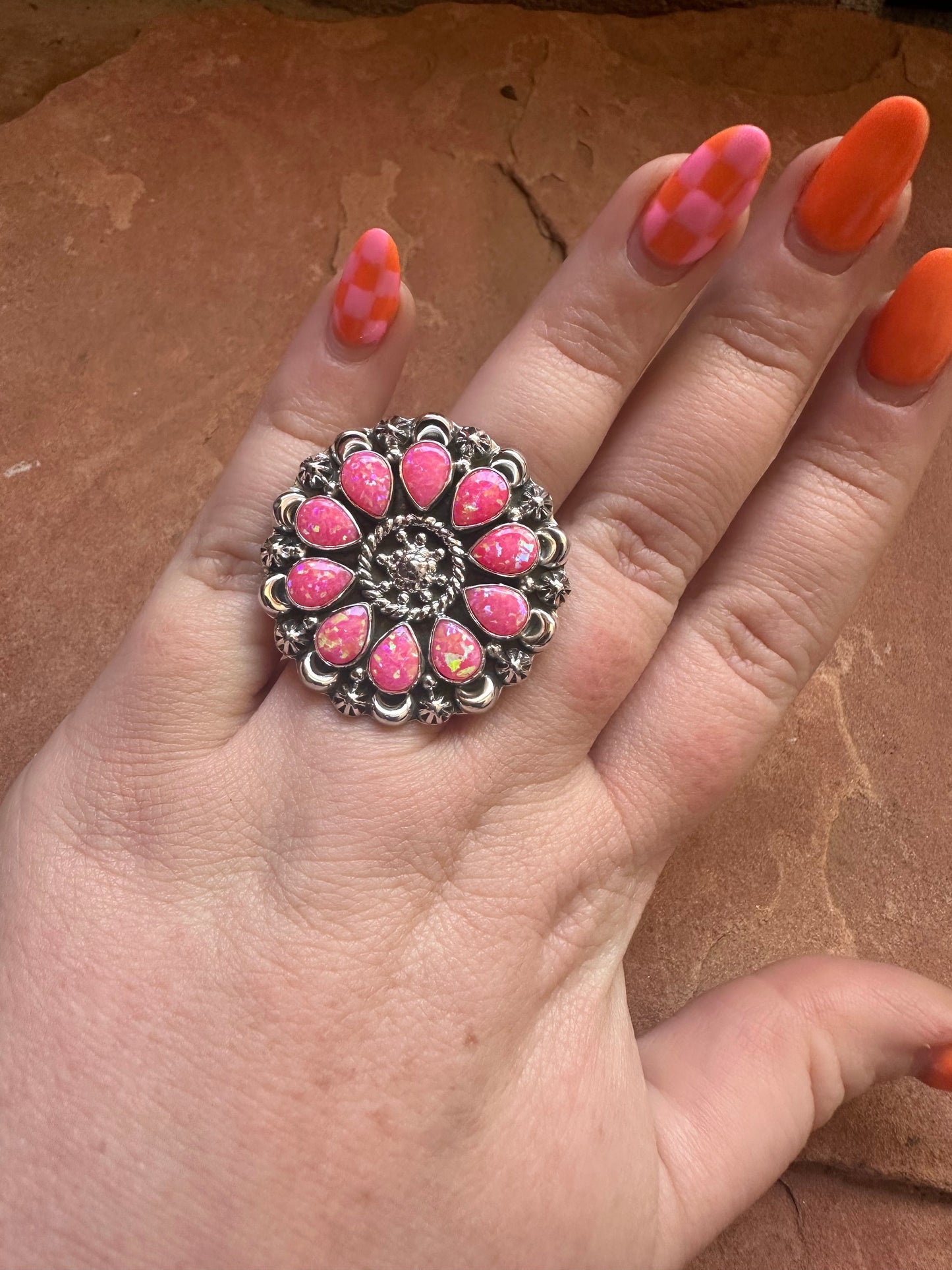 Handmade Pink Fire Opal & Sterling Silver Adjustable Ring Signed Nizhoni