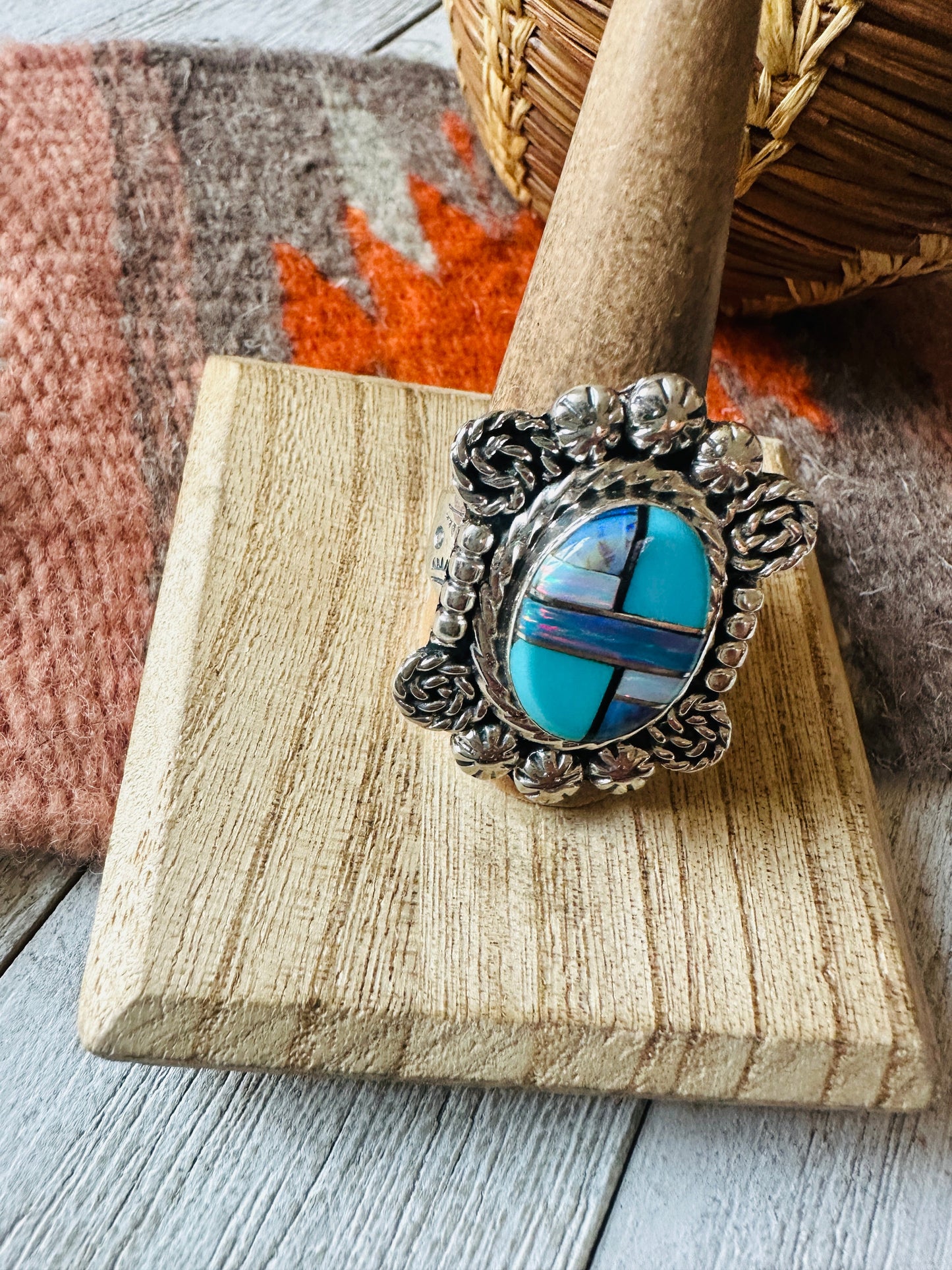 Handcrafted Sterling Silver & Multi Stone Inlay Ring Size 10
