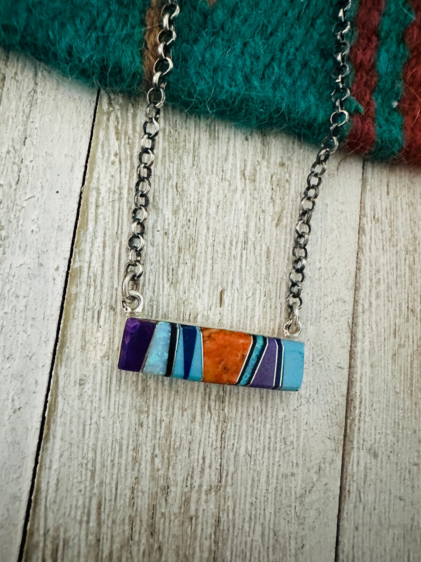 Handcrafted Multi Stone & Sterling Silver Inlay Bar Necklace