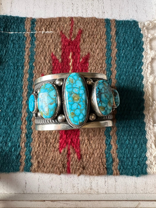 Beautiful Handcrafted Sterling Silver 5 Stone Kingman Webb Turquoise Bracelet Cuff Signed /