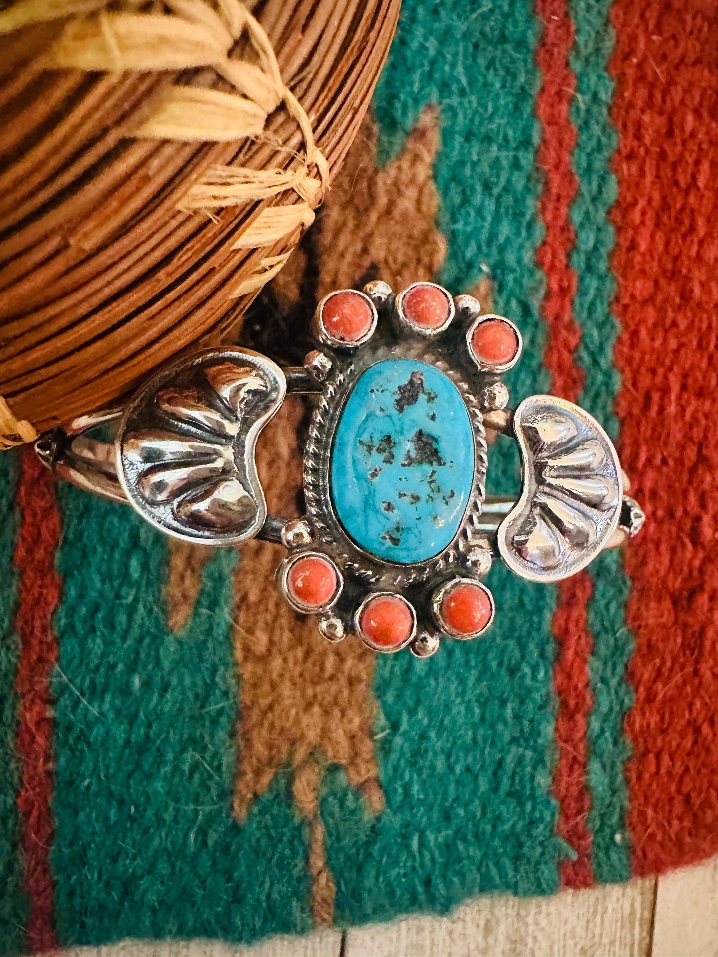 Handcrafted Turquoise, Coral & Sterling Silver Cluster Cuff Bracelet