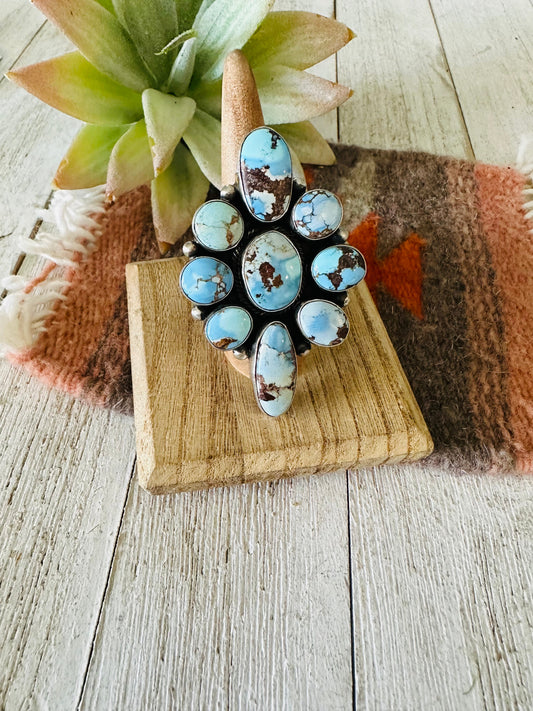 Handcrafted Golden Hills Turquoise & Sterling Silver Cluster Ring Size 9