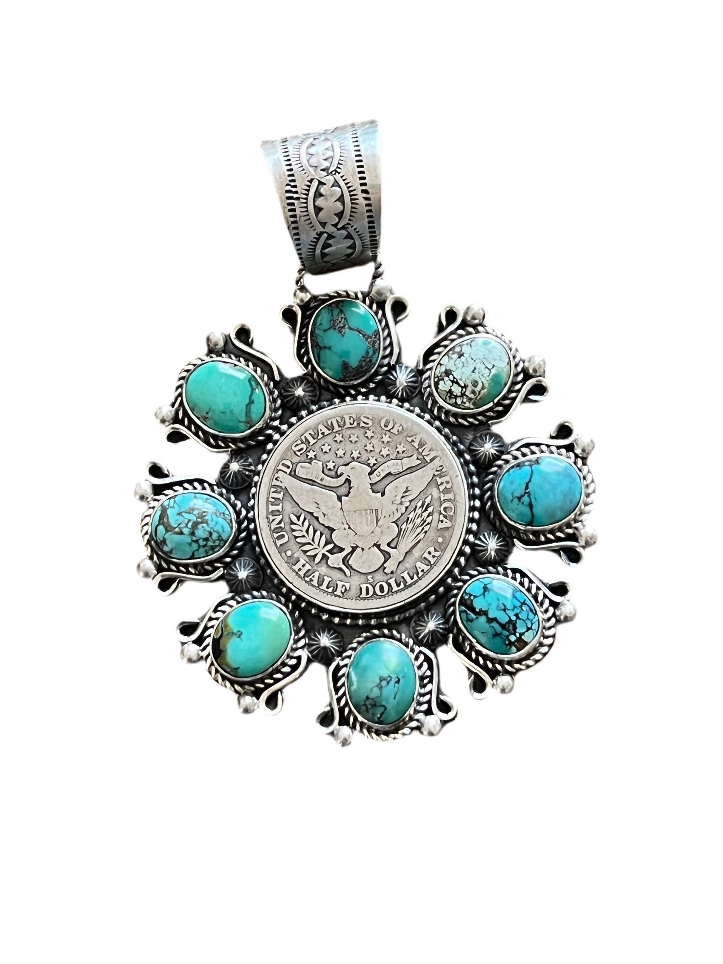 Rosella Paxson Hubei Turquoise and Barber Half Dollar Cluster Pendant
