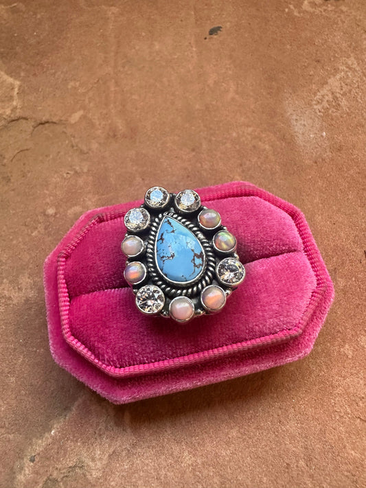 Handmade Pink Opal, CZ, Golden Hills Turquoise And Sterling Silver Adjustable Ring