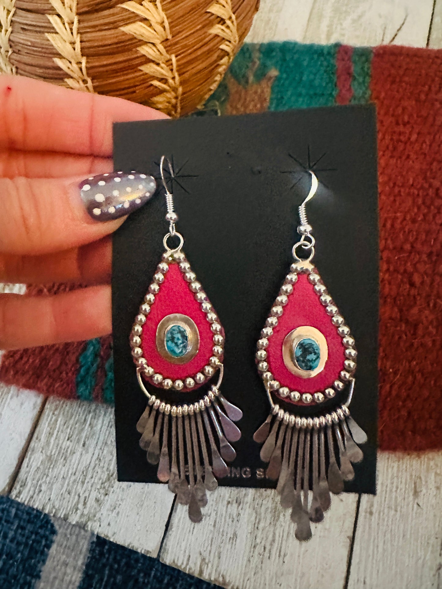 Handcrafted Turquoise & Sterling Silver Leather Chandelier Dangle Earrings