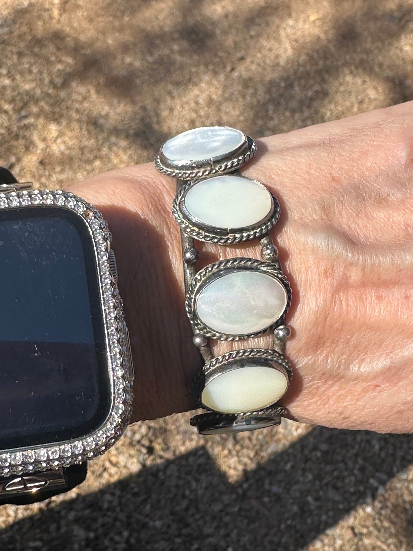 Old Pawn Sterling Silver & Mother of Pearl Cuff Bracelet /