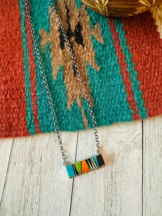 Handcrafted Multi Stone & Sterling Silver Inlay Bar Necklace