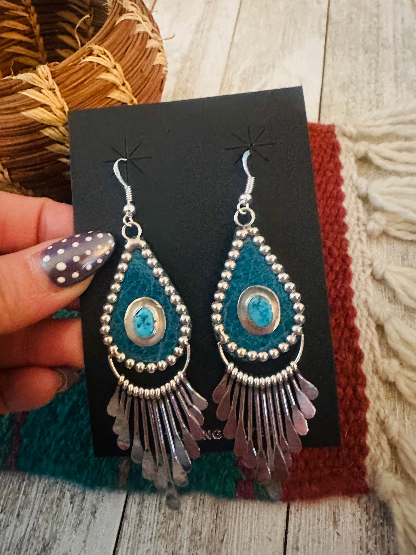 Handcrafted Turquoise & Sterling Silver Leather Chandelier Dangle Earrings