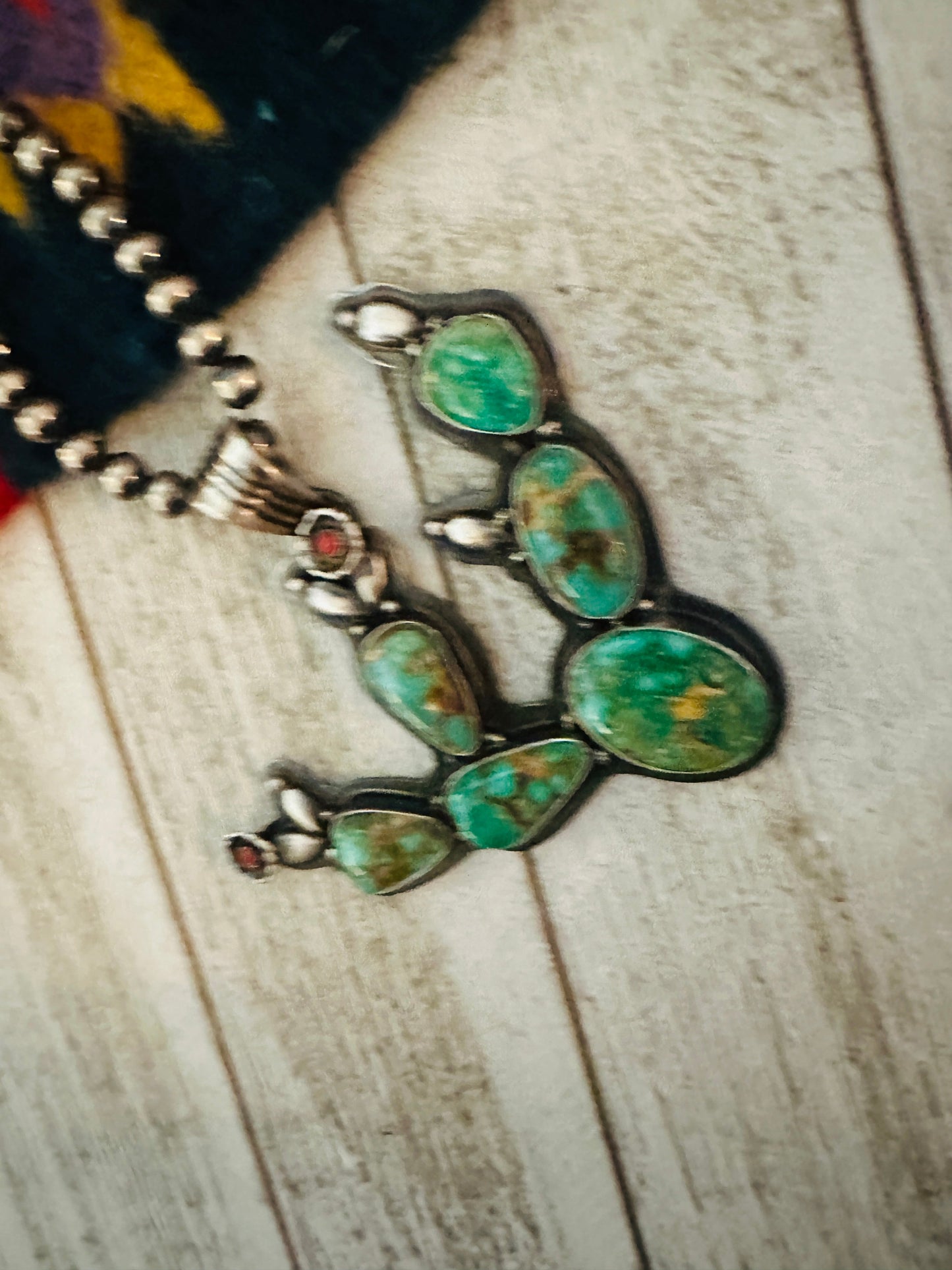 Handcrafted Turquoise, Coral and Sterling Silver Cactus Pendant