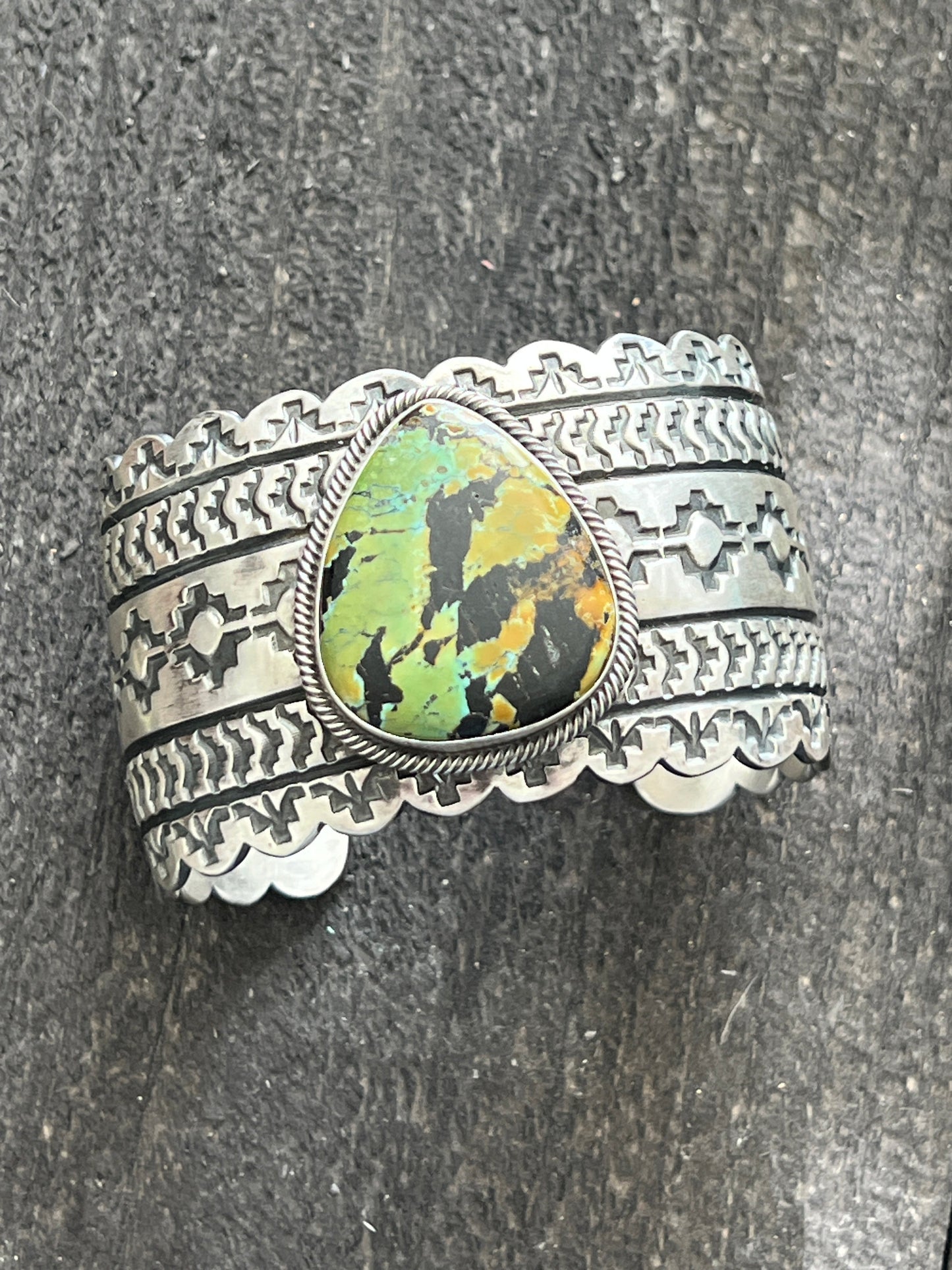 Handcrafted Hand Stamped Sterling Silver and Blackjack Turquoise Cuff Bracelet by Randy Boyd