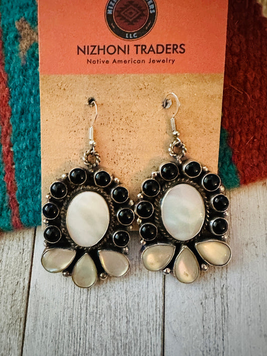 Handcrafted Mother of Pearl, Onyx & Sterling Silver Dangle Earrings