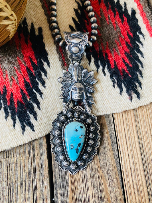 Handcrafted Sterling Kingman Turquoise & Sterling Silver Indian Chief Pendant