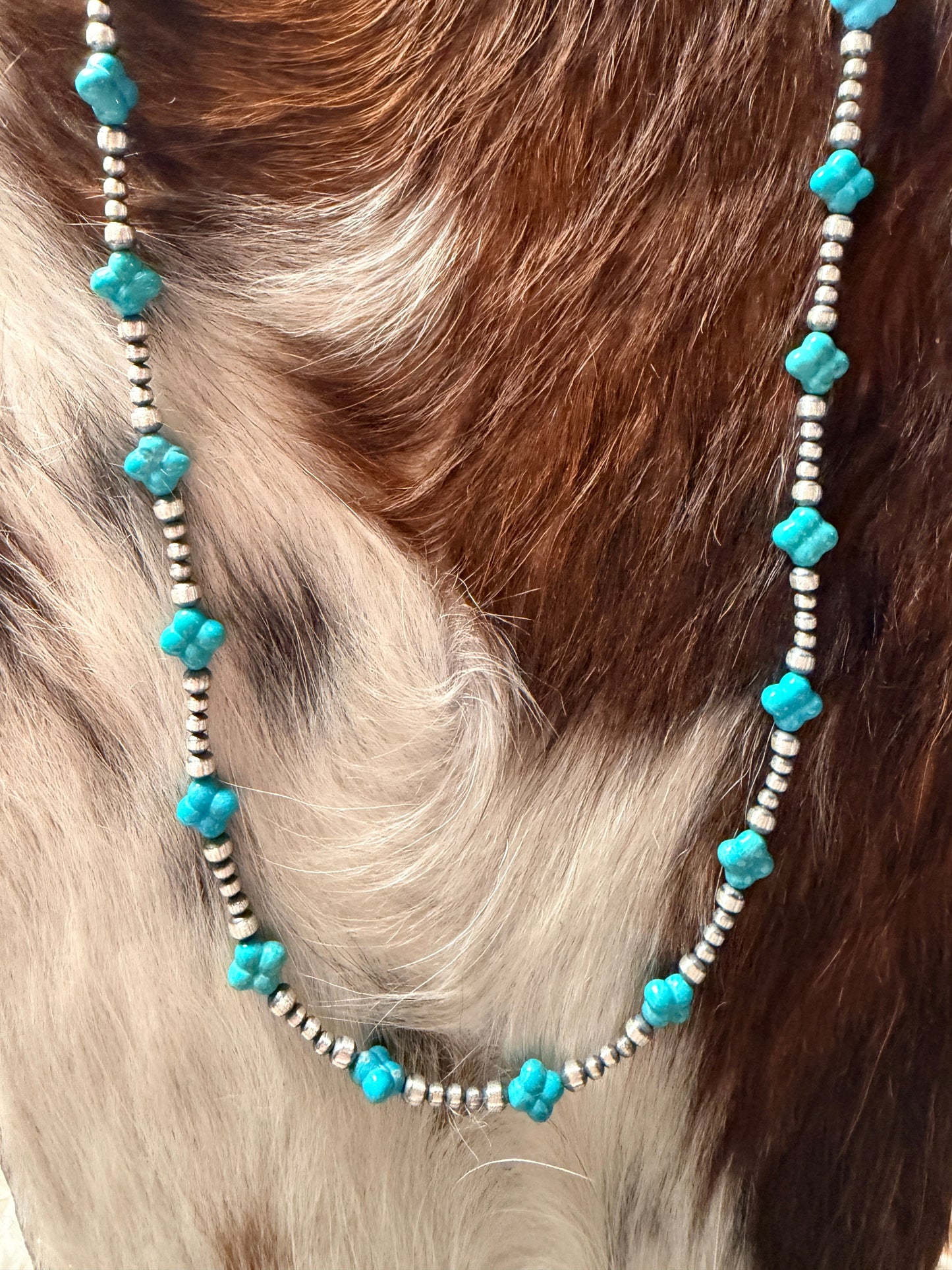 Handcrafted Quatrefoil Shaped Turquoise & Sterling Silver Pearl 20" Beaded Necklace