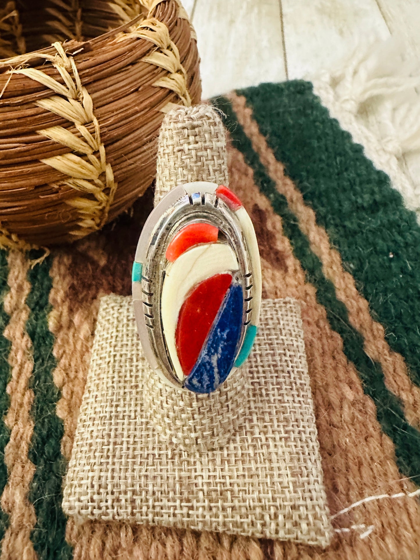 Old Pawn Handcrafted Multi Stone & Sterling Silver Inlay Adjustable Ring by Ken Romero